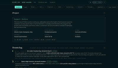 Helm, the project console, showing each dataset and its provenance
